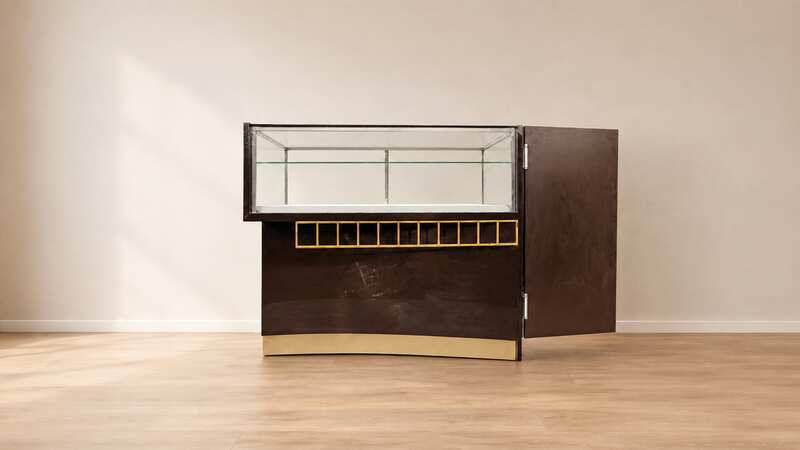 Brown glass display cabinet featuring 2 hinged-door compartments, 2 drawers, and 1 storage compartment (no keys; all sections are accessible).