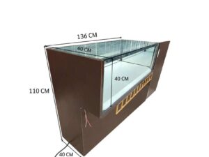 Brown glass display cabinet featuring 2 hinged-door compartments, 2 drawers, and 1 storage compartment (no keys; all sections are accessible).