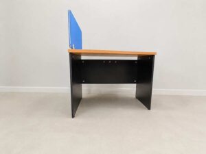 Contoured desk with black wooden legs (available in single-station or double-station configurations) + blue partition.