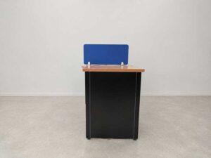 Contoured desk with black wooden legs (available in single-station or double-station configurations) + blue partition.
