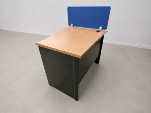 Contoured desk with black wooden legs (available in single-station or double-station configurations) + blue partition.
