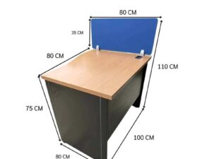 Contoured desk with black wooden legs (available in single-station or double-station configurations) + blue partition.