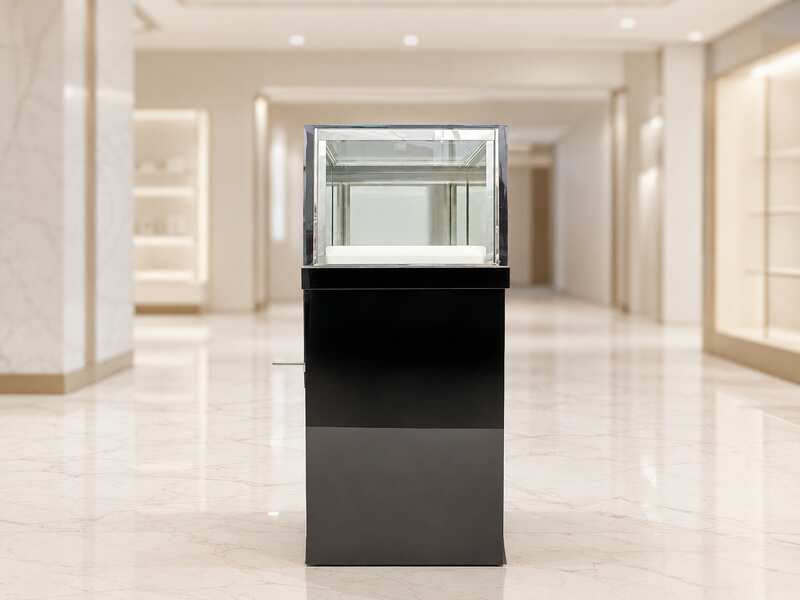 Black glass display cabinet featuring 1 hinged door, 1 drawer, and 1 storage compartment.