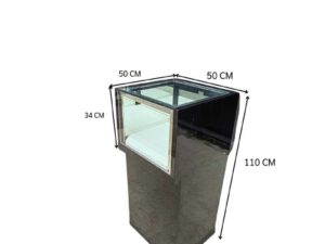 Black glass display cabinet featuring 1 hinged door, 1 drawer, and 1 storage compartment.