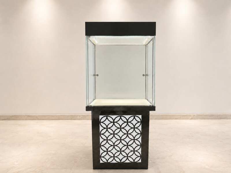 Tall rectangular glass display cabinet
