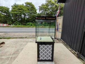 Tall rectangular glass display cabinet