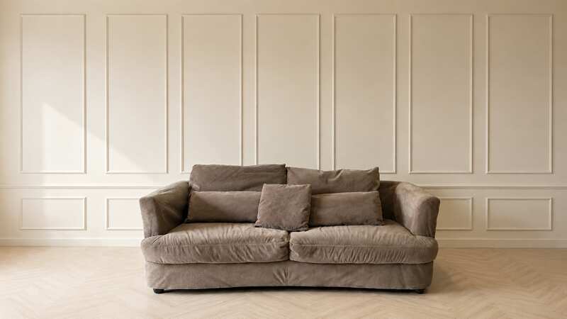 Brown 2-seater sofa with 5 cushions