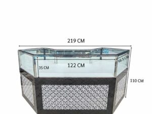 Black glass display counter featuring 3 hinged doors, 3 drawers, and 3 storage compartments.