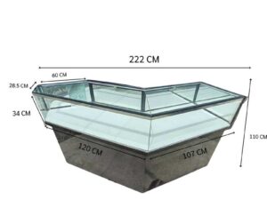 Black glass display counter featuring 2 doors, 4 drawers, and 2 storage compartments.