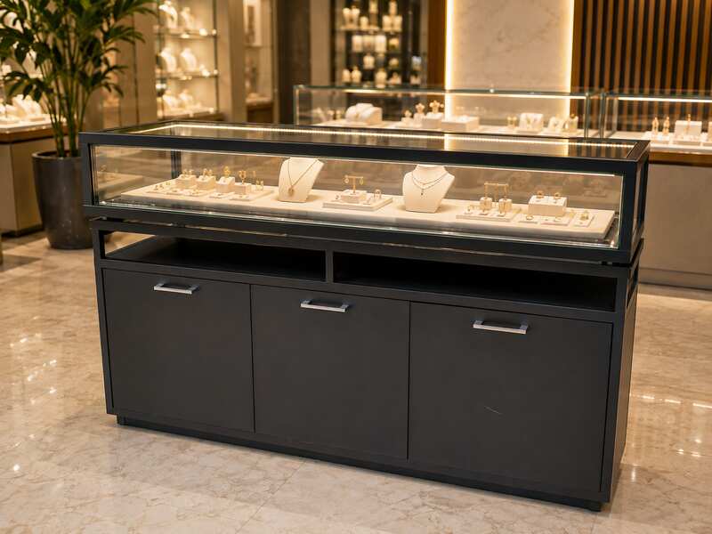 Glass display case, jewelry case with 3 doors and 3 shelves.