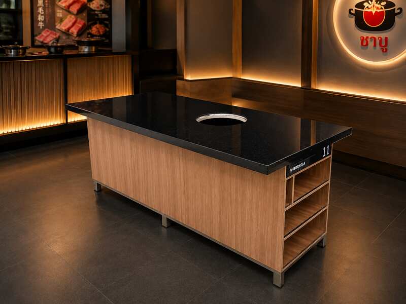 6-seater BBQ table, 190 cm, featuring a built-in pot holder and storage shelf.