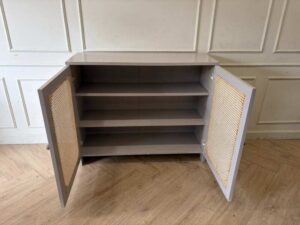 Two-door teak sideboard, gray color, wood grain top.