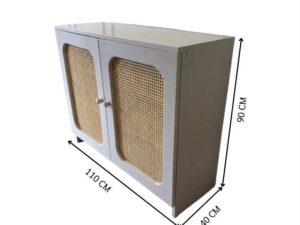 Two-door teak sideboard, gray color, wood grain top.