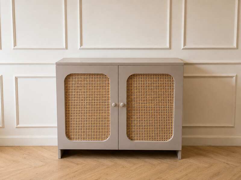 Two-door teak sideboard, gray color, wood grain top.