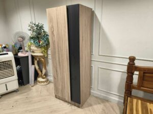Modern Tall Plywood Wardrobe with Light Oak and Black Finish