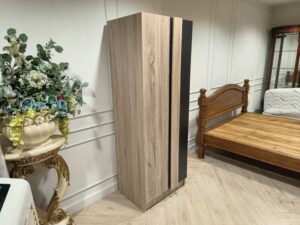 Modern Tall Plywood Wardrobe with Light Oak and Black Finish