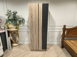 Modern Tall Plywood Wardrobe with Light Oak and Black Finish