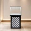 Tall glass display cabinet with one storage compartment; no drawers.