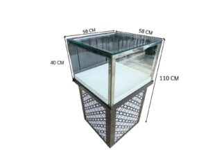 Tall glass display cabinet with one storage compartment; no drawers.