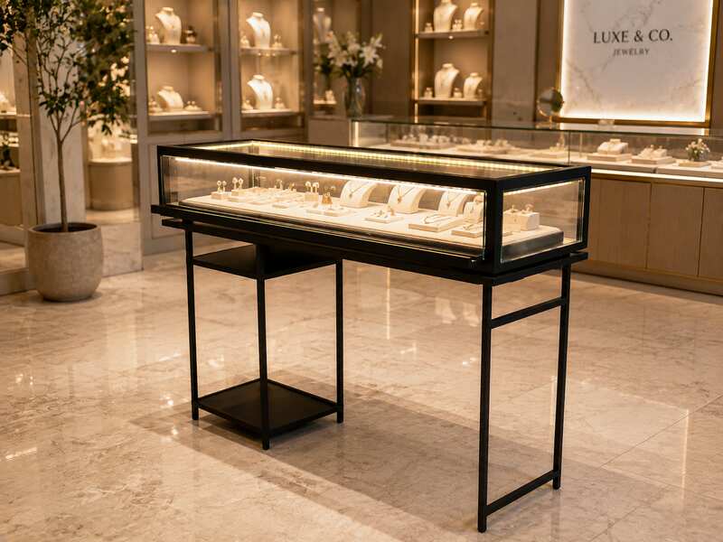 Glass display case, jewelry case, with iron legs and lights.