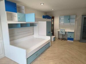 Blue Sky Kids' Bedroom Set in Blue & White – Bunk Bed with Under-Bed Storage, Wardrobe, Storage Stairs, Study Desk, and Chair