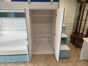 Blue Sky Kids' Bedroom Set in Blue & White – Bunk Bed with Under-Bed Storage, Wardrobe, Storage Stairs, Study Desk, and Chair