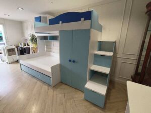 Blue Sky Kids' Bedroom Set in Blue & White – Bunk Bed with Under-Bed Storage, Wardrobe, Storage Stairs, Study Desk, and Chair
