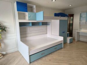 Blue Sky Kids' Bedroom Set in Blue & White – Bunk Bed with Under-Bed Storage, Wardrobe, Storage Stairs, Study Desk, and Chair