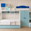 Blue Sky Kids' Bedroom Set in Blue & White – Bunk Bed with Under-Bed Storage, Wardrobe, Storage Stairs, Study Desk, and Chair