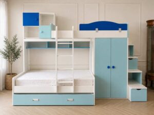 Blue Sky Kids' Bedroom Set in Blue & White – Bunk Bed with Under-Bed Storage, Wardrobe, Storage Stairs, Study Desk, and Chair