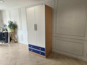 Modern White & Blue 2-Door Wardrobe with 2 Drawers