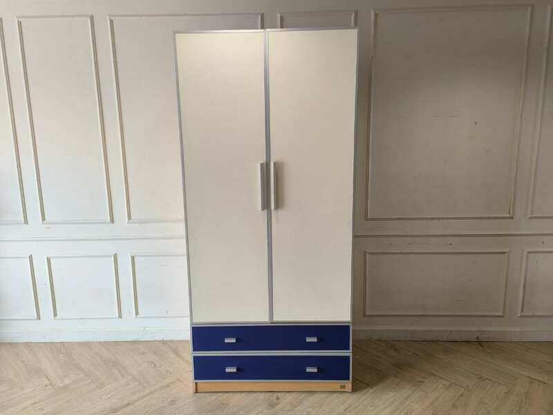 Modern White & Blue 2-Door Wardrobe with 2 Drawers