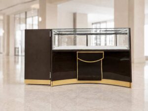 Brown glass display cabinet featuring 2 doors, 2 drawers, and 3 storage compartments.