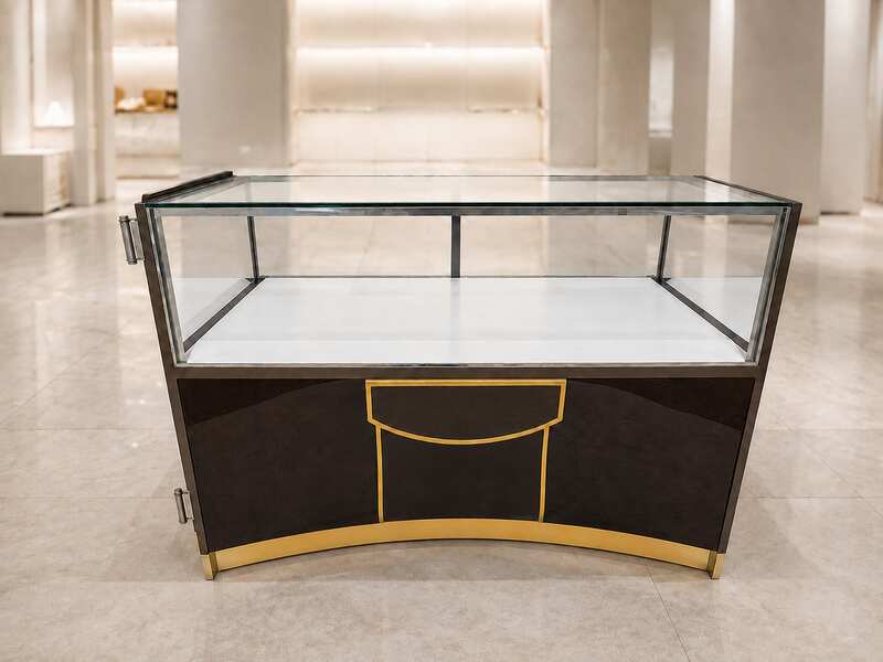 Brown glass display cabinet featuring 2 doors, 2 drawers, and 3 storage compartments.