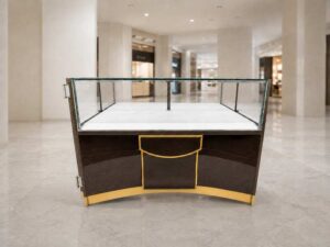 Brown glass display cabinet featuring 2 doors, 2 drawers, and 3 storage compartments.