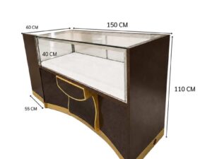 Brown glass display cabinet featuring 2 doors, 2 drawers, and 3 storage compartments.