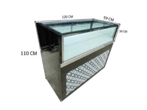 Black glass display cabinet featuring one hinged door, two drawers, and one sliding-door storage compartment.