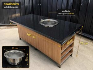 Stainless steel shabu-shabu pot, 35 cm diameter, with lid.
