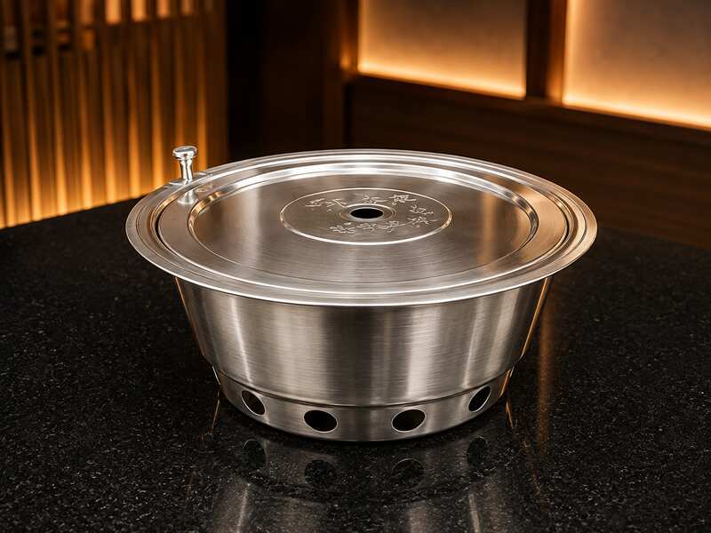 Stainless steel shabu-shabu pot, 35 cm diameter, with lid.