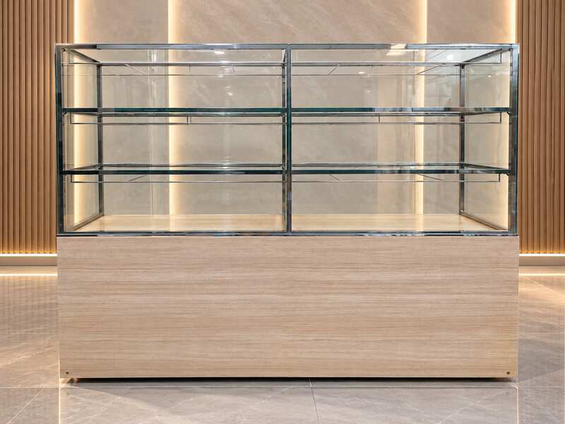 Glass shelving unit and sliding-door storage compartment. (1)