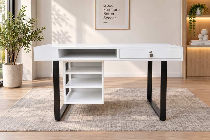 White desk with black metal legs, 1 drawer