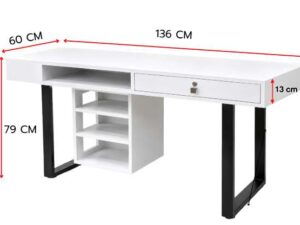 White desk with black metal legs, 1 drawer
