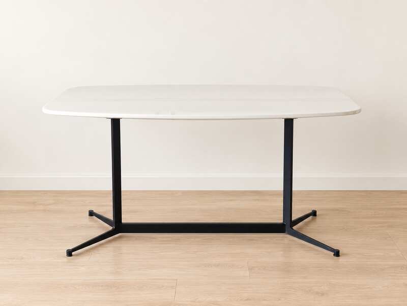 Dining table with wooden top and stainless steel legs. (1)