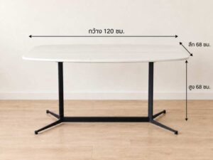 Dining table with wooden top and stainless steel legs. (1)