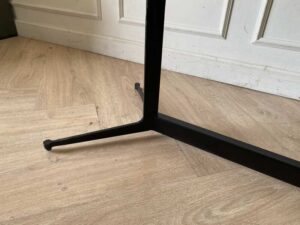 Dining table with wooden top and stainless steel legs. (1)