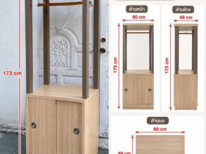 Display cabinet featuring a hanging rail and sliding-door storage compartments.