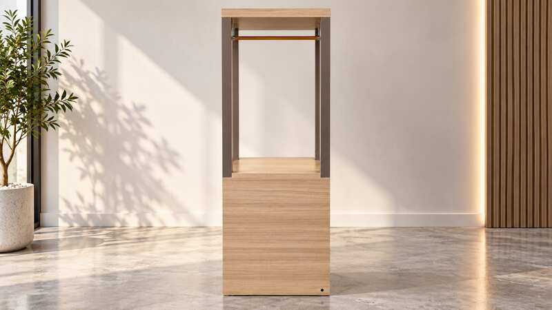 Display cabinet featuring a hanging rail and sliding-door storage compartments.