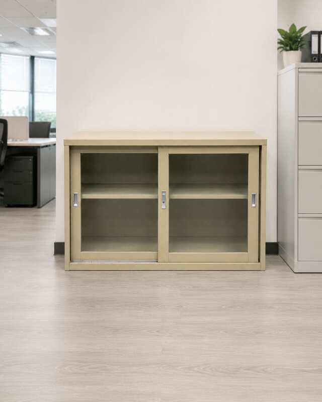 Low-profile steel filing cabinet with sliding glass doors