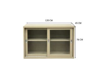 Low-profile steel filing cabinet with sliding glass doors