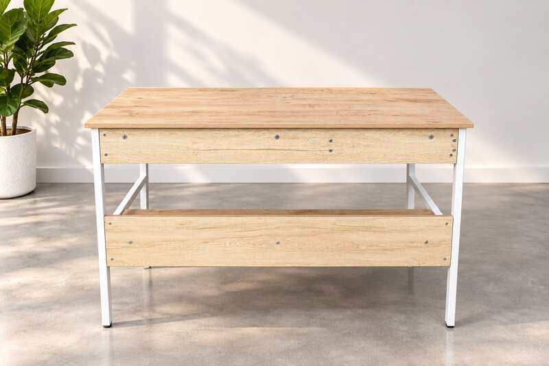 Multipurpose desk, wood grain finish, white legs.